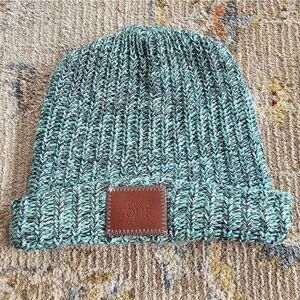Love Your Melon Beanie With Brown Leather Patch, Like New! Teal, Black, & White